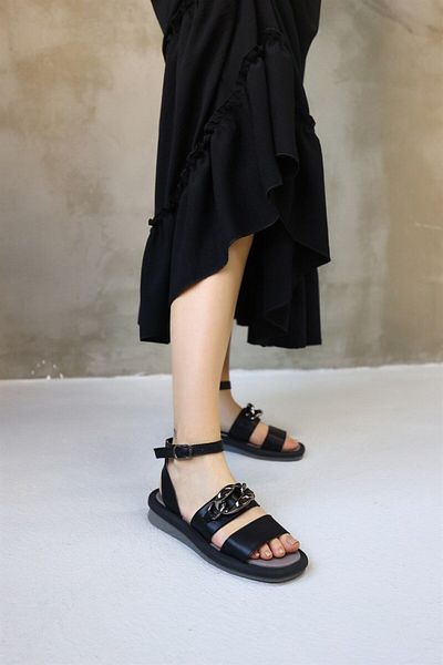 NILUFARR Lera Black Genuine Leather Sandals with Silver Chain Accessories