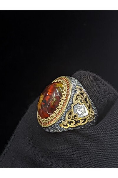 Senin Silver Fosil Kehribar Vav Harfli 925 Ayar Gümüş Erkek Yüzük | Detaylı Taş Tasarımı l El Yapımı