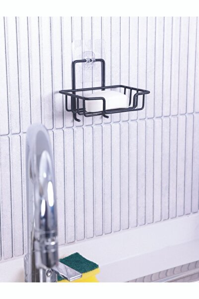 BUSEMSİ HOME Yapışkanlı Kancalı Katı Sabunluk ve Bulaşık Süngerlik Düzenleyici Raf Siyah