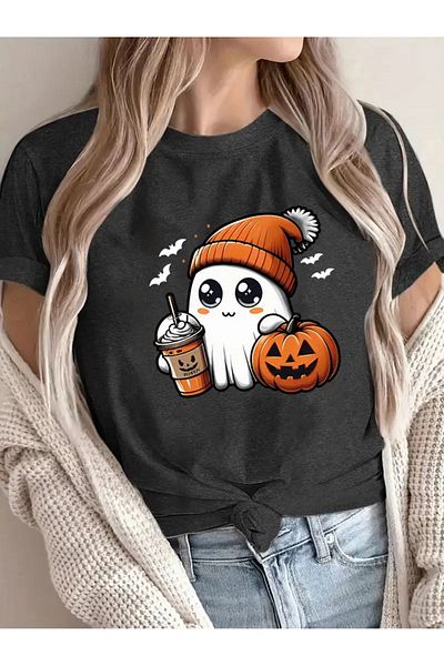 WOODROFFE Tricou negru Boyfirend, cu decolteu rotund, cu tematică Halloween, pentru femei