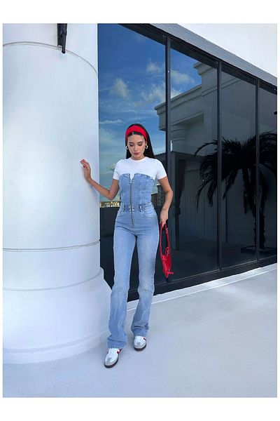 ESRAHELVACI Salopetă albastră din denim fără bretele cu fermoar în față