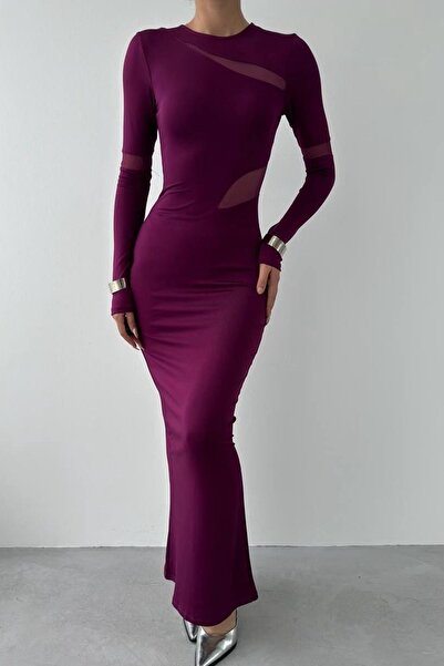 bayansepeti Mürdüm Esnek Kumaş Transparan Detaylı Uzun Kollu Arkası Yırtmaçlı Maxi Abiye Elbise 275