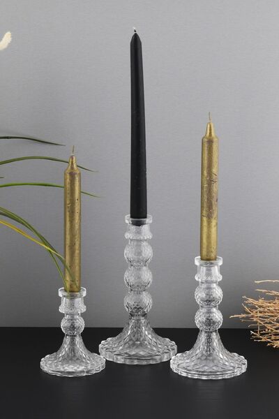 TR Turan Collection HANE 3'lü Cam Şamdan Dekoratif Krıstal Görünümlü Mumluk Şamdan Seti
