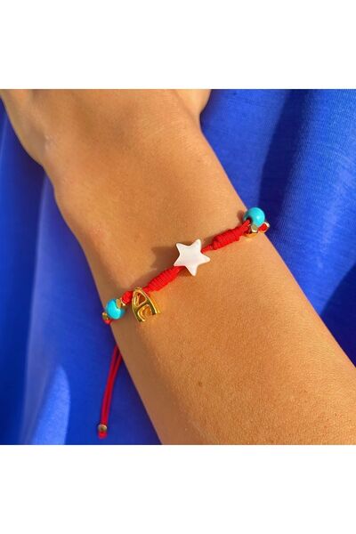 jewine studio Harfli Sedef ve Doğal Turkuaz Taşlı Kırmızı İp Şans ve Uğur Bil...