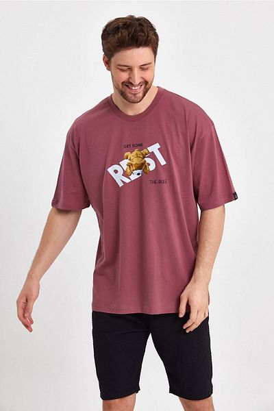 THE RULE Ανδρικό Teddy Bear με στάμπα Oversize 100% βαμβακερό φαρδύ φαρδύ μπλουζάκι με λαιμόκοψη χαλαρό Dusty Rose T-shirt