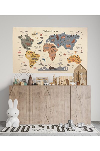 Happy Kid Rooms Organik Pamuklu Kumaş Dünya Haritası Duvar Örtüsü