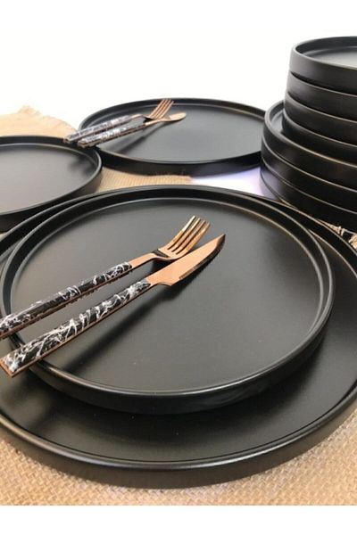 GULHANILE Stackable Matte Black 12 Piece Breakfast Set for 6 People