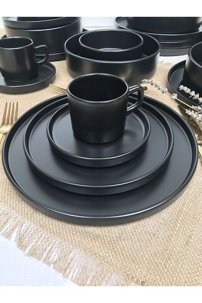 GULHANILE Stackable Matte Black 24 Piece Breakfast Set for 6 People