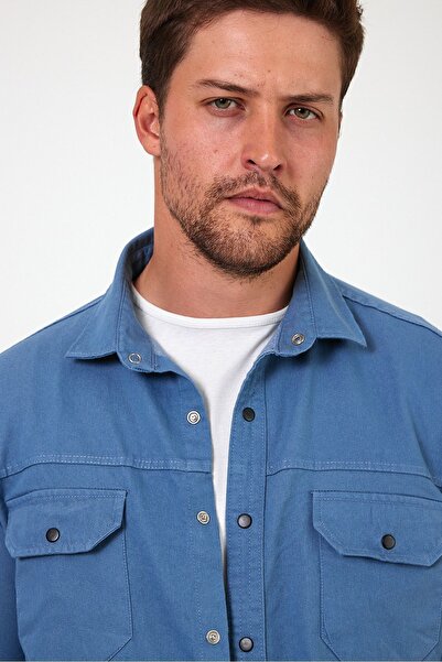 THE RULE Синя чоловіча сорочка з джинсової тканини - прямий крій, зручний крій, кнопки, дві кишені, класичний комір