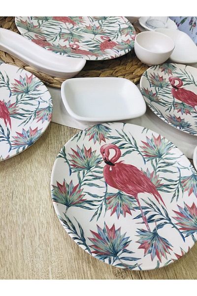 GULHANILE Keramika 15 Piece Flamingo Breakfast Set for 6 People