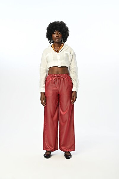 Orfeo Negro KADIN BELİ LASTİKLİ BOL PAÇA PARLAK KUMAŞ DÜZ RENK PANTOLON