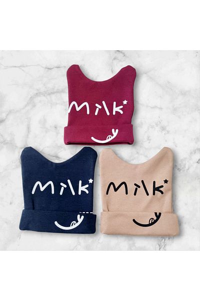 Çağrı Store Set of 3 Beret Milk Written - Cotton Combed