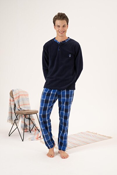 Estiva Erkek Kışlık Düğmeli Yaka Kareli Alt Polar Pijama Takımı