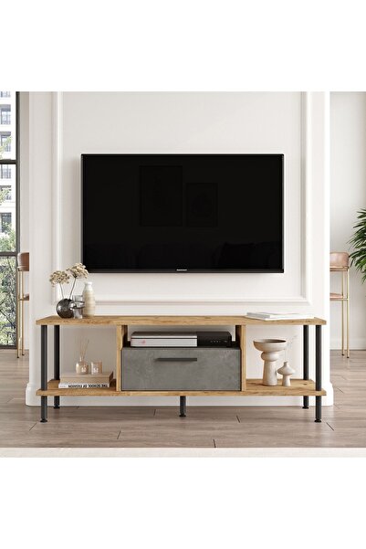Yurudesign Noble Metal Tv Ünitesi Kapaklı 120cm Atlantik Çam-beton Nb1-ag