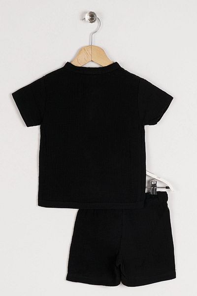 zepkids Crew Neck Short Sleeve Crew Neck Button Detailed Short Sleeve Black Color Boy's Shorts Set
