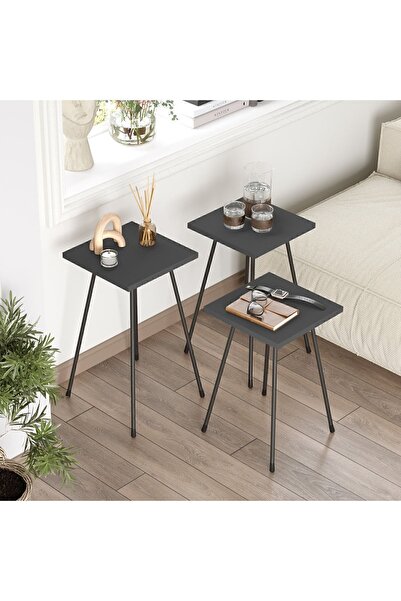 Yurudesign Luiz 3'lü Zigon Sehpa Metal Ayaklı Antrasit Lz1-an