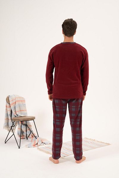 Estiva Men's Winter Buttoned Collar Checked Bottom Fleece Pajama Set