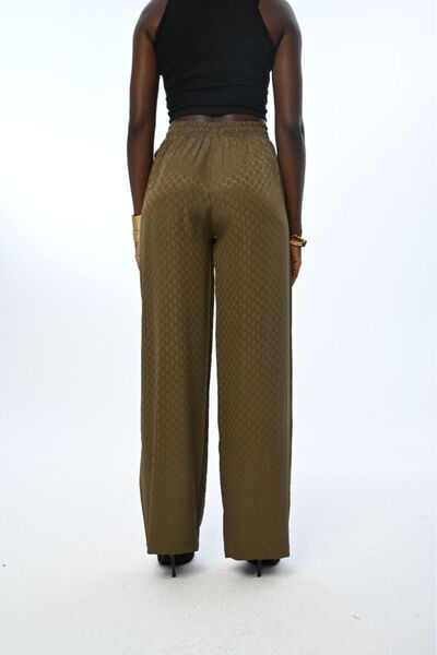 Orfeo Negro Women's - Elastic Waist, Wide Leg and Khaki Color Patterned Trousers
