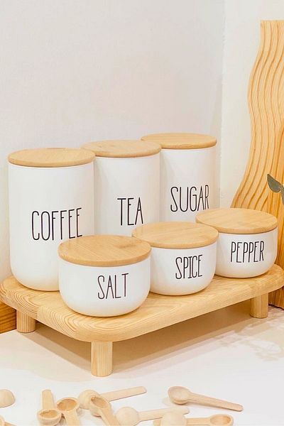 Meturas 6-Piece Bamboo Lid, Airtight White Glass Storage Jar Set