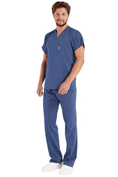 Alsancak Üniforma Erkek Fırtına Mavi Likralı Ince Kumaş Scrubs Doktor Hemşire Forması Yarasa Kol Cerrahi Takım