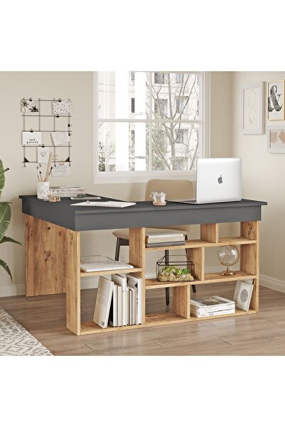 Yurudesign Tywin Kitaplık Raflı Çalışma Masası Çam-antrasit