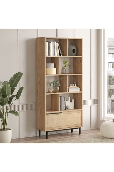 Yurudesign Ocean Kitaplık Raf Metal Ayaklı 176cm Uv Baskı Kapaklı Sepet-Jüt ON4-SU