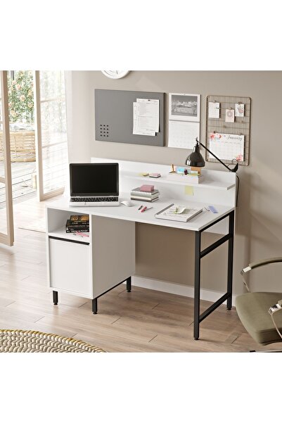 Yurudesign Çalışma Masası Raflı Dolaplı Metal Ayaklı Beyaz ON16-W