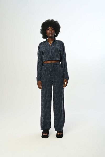 Orfeo Negro Γυναικείο παντελόνι Navy Blue με σχέδιο - Ελαστική μέση, φαρδύ πόδι