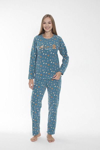 Estiva Blue Cookie Patterned Ribbed Women's Fleece Pajama Set
