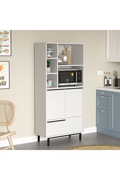 Yurudesign Ocean Mutfak Kiler Dolabı Mikrodalga 3 Kapaklı Raflı Metal Ayaklı Beyaz On9a-w