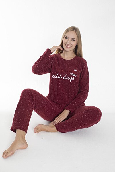Estiva Kadın Kışlık Puantiyeli Fitilli Polar Pijama Takımı Bordo