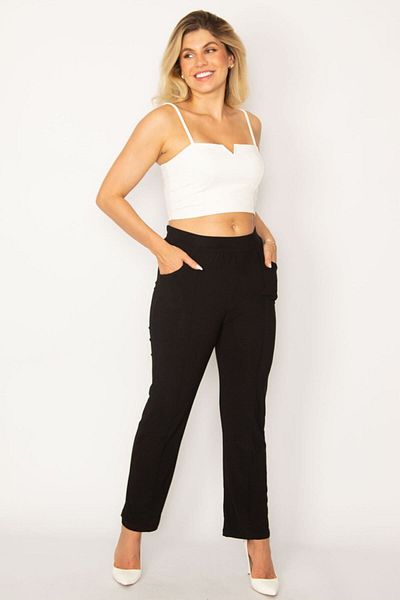 Şans Dámské černé, velká velikost, lycra, písková tkanina, žehlící tráva, kapesní kalhoty, 65n36428