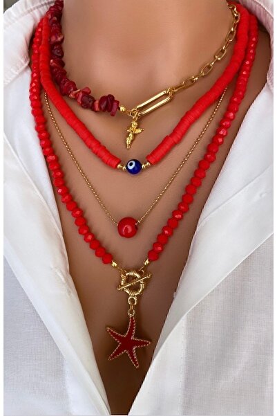 Trend Jewellery (DÖRT KOLYE) Kırmızı Mercan Taşı Çelik Zincir Yıldız Melek Çoklu Kadın Kolye Anne Sevgili Hediye