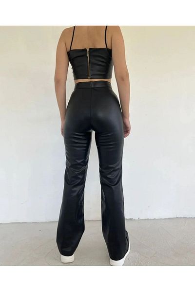 Swana High Waist and Wide Leg Striped Black Leather Pants