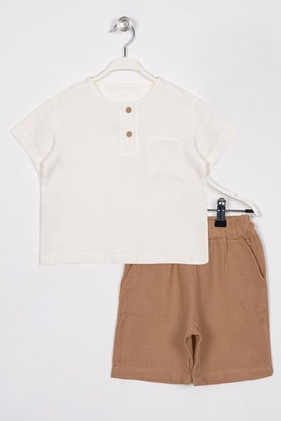 zepkids Ecru Camel Colored Boy's Shorts Set with Buttoned Collar Pocket Detail
