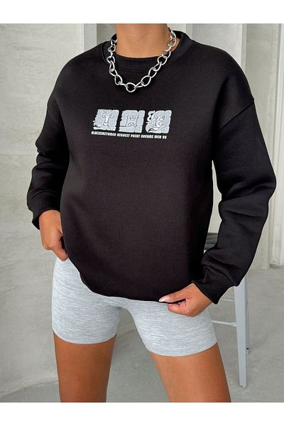 Cappmoda SWT-14268 Черен мотив, релефен принт, тринишков повдигнат базов суитшърт