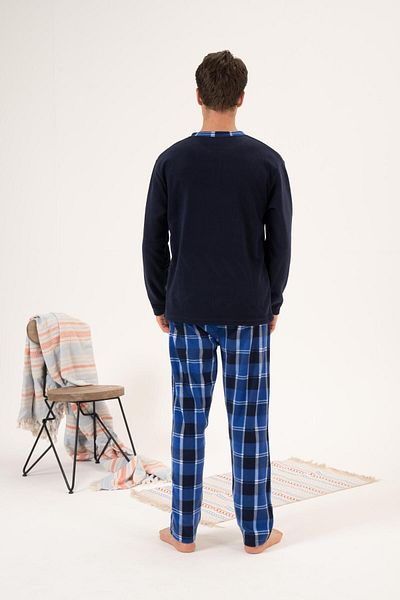Estiva Men's Winter Fleece Pajama Set - Buttoned Collar, Checkered Bottom