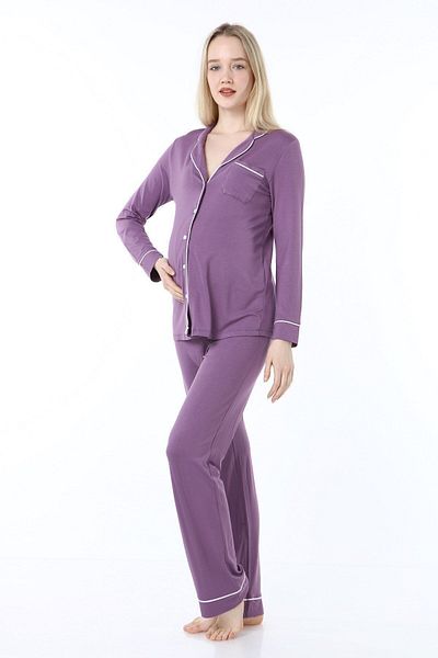 Luvmabelly Myra9552 Buttoned Pile Maternity Pajama Set -purple