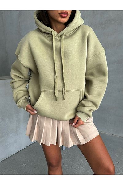 Cappmoda SWT-14270 Φούτερ με κουκούλα χακί καγκουρό με τρεις κλωστές