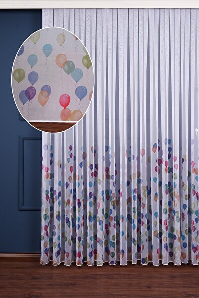Perdelit Genç - Çocuk Odası Renkli Balon Desenli Tül Perde (1/2.5 Normal Pile)