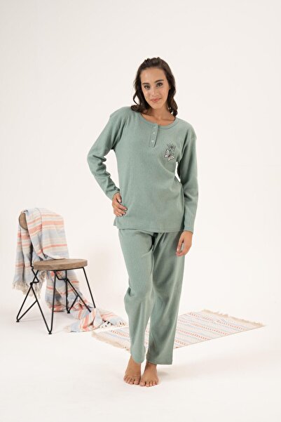 Estiva Γυναικείες χειμερινές πιτζάμες με κέντημα πεταλούδας - γιακά με κουμπιά