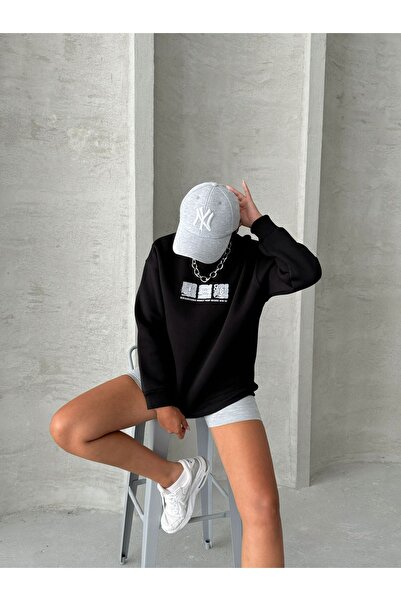 Cappmoda Swt-14268 Black Motif Pattern Embossed Printed Three Thread Raised Basic Sweatshirt