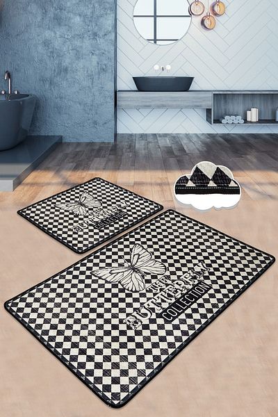 Chilai Home Καρό Butterfly Σετ 2 Χαλάκια Μπάνιου, Σετ Παλάκια, Σετ Καθίσματος Τουαλέτας Djtbanyo