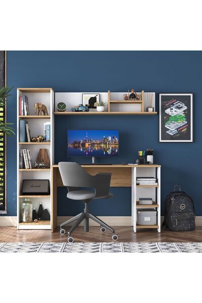Rani Mobilya Rani HA125 Kitaplıklı Raflı Çalışma Ofis Bilgisayar Masası Sepet Ceviz - Beyaz