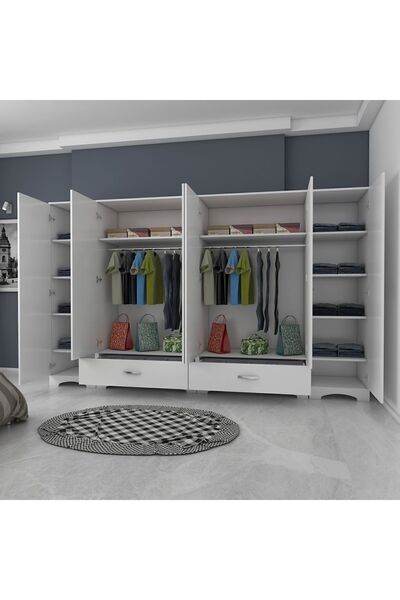 Rani Mobilya Rani F4 Geniş Gardırop Elbise Dolabı 6 Kapılı 2 Çekmeceli 2 Askılı 12 Raflı Tek Modül Beyaz