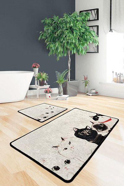 Chilai Home Angry Cats Σετ 2 χαλιών μπάνιου που πλένονται, αντιολισθητική βάση Djtbanyo