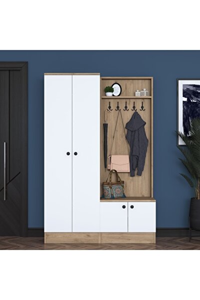 Rani Mobilya Rani P6 Modern Portmanto Askılı Vestiyer Sepet Ceviz - Beyaz M5