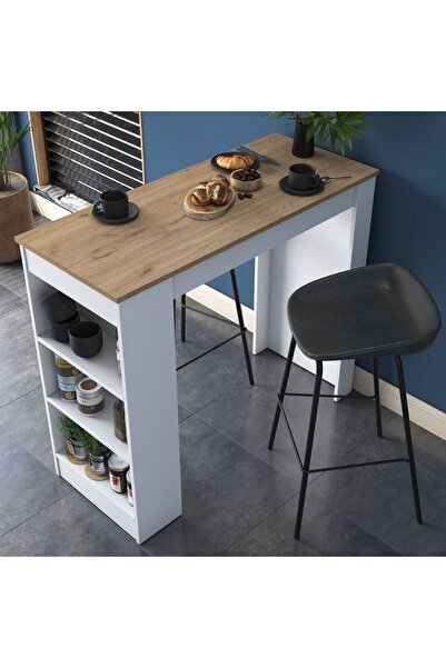 Rani Mobilya Rani Ja103 Bar Masası 3 Raflı Yüksek Mutfak Yemek Masası Sepet Ceviz - Beyaz