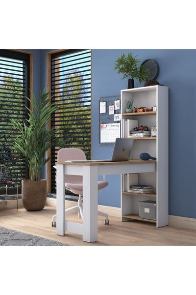 Rani Mobilya Rani Ha106 Raflı Çalışma Ofis Bilgisayar Masası Sepet Ceviz - Beyaz