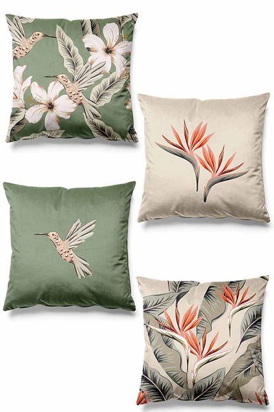 Pilloveland Set de 4 huse de pernă din piele intoarsa cu model hibiscus verde mucegai - imprimate pe doua fete